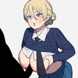 1boy 1girls blonde_hair blue_eyes blue_sweater blush breasts breasts_out clothed_sex clothes_lift darjeeling girls_und_panzer highres large_breasts looking_at_another necktie onsen_tamago_(hs_egg) paizuri penis shirt_lift skirt sweater