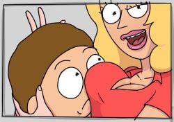 1boy 1girls 2d adult_swim beth_smith blonde_hair breasts breasts_on_face brown_hair cleavage color diklonius female huge_breasts hugs lips looking_at_viewer male morty_smith mother mother_and_son older_woman_and_younger_boy rick_and_morty