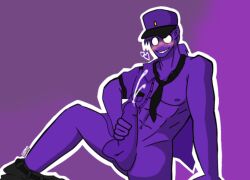 1boy blush blushing_at_viewer cumming five_nights_at_freddy's gay jerking_off jerkingoff looking_at_viewer male_focus male_only masturbating masturbation necktie pantless partially_clothed purple_background purple_body purple_guy purple_hair purple_skin solo solo_focus solo_male vincent_(fnaf) white_outline william_afton