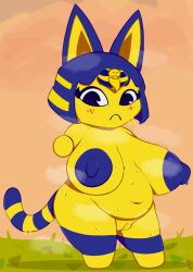 absurd_res animal_crossing ankha ankha_(animal_crossing) anthro big_breasts bodily_fluids breasts demi-pig_(artist) domestic_cat felid feline felis female genitals gesture hi_res huge_breasts mammal nintendo overweight pointing pointing_at_viewer pussy solo steam sweat