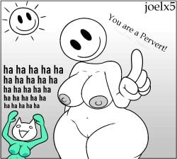 areolae big_breasts breasts cat_humanoid female female_only joelbrunox5 laugh laughing looking_at_viewer mob_face naked naked_female nipples nude nude_female pervert pussy simple_face sun white_body you_are_an_idiot!