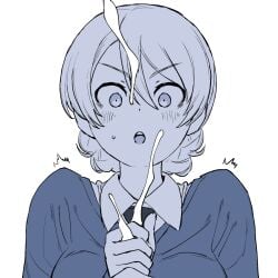 characterful cum darjeeling ejaculation female girls_und_panzer handjob highres monochrome necktie onsen_tamago_(hs_egg) simple_background surprised sweater