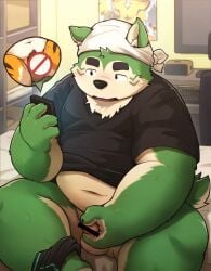 anthro balls bandana belly blush bottomless canid canine canis cellphone clothed clothing domestic_dog eyebrows fur genitals green_body green_fur hi_res kerchief lifewonders live_a_hero male male/male mammal mandu_kuma masturbation mokdai navel overweight penis phone ryekie_(live_a_hero) sending_nudes shirt sitting smartphone t-shirt thick_eyebrows topwear