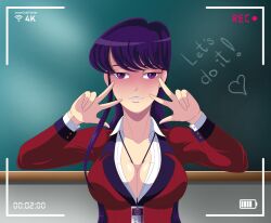 1girls big_breasts blonde_female classroom cross_eyed jimmyhere_fisheyes joxercoleturner komi-san_wa_komyushou_desu komi_shouko long_hair purple_eyes purple_hair recording recording_device recording_sex recording_video school_uniform schoolgirl streaming