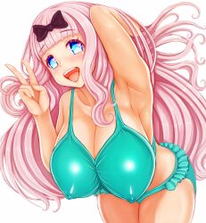 1girls armpit big_breasts big_thighs bikini blue_eyes breasts busty cleavage curvy female female_only fujiwara_chika hand_behind_head huge_breasts huge_thighs kaguya-sama_wa_kokurasetai_~tensai-tachi_no_renai_zunousen~ large_breasts large_thighs long_hair looking_at_viewer nipples_visible_through_bikini pink_hair solo solo_female swimsuit teruru thick_thighs thighs v_sign voluptuous