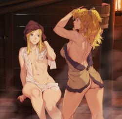 2girls almost_naked ass belly belly_button blonde_female blonde_hair blue_eyes bucket butt daughter feguimel helga_(vinland_saga) large_breasts light-skinned_female light_skin milf mother mother_and_daughter norse_woman nsfw_version_available ponytail sauna thick_thighs thighs tied_hair tummy vinland_saga wrapped_hair ylva_(vinland_saga)