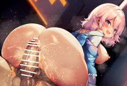 ass blush breasts caelus_(honkai:_star_rail) censored female hair_between_eyes highres honkai:_star_rail honkai_(series) large_breasts long_bangs looking_back march_7th_(honkai:_star_rail) medium_hair nipples open_mouth peeing peeing_on_penis penis pink_hair shin'ya_natsuki smile solo_focus testicles