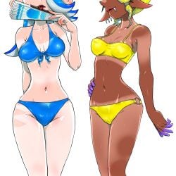 2girls asymmetrical_hair beach bikini blue_hair breasts brown_skin chocolate_and_vanilla dark-skinned_female dark_skin deep_cut_(splatoon) eyes_out_of_frame female frye_(splatoon) hand_on_hip inkling koharu2.5 light-skinned_female light_skin long_hair medium_breasts naughty_face nintendo octoling outdoors perky_breasts shiver_(splatoon) short_hair slim_waist splatoon splatoon_(series) splatoon_3 tan tanline tanlines thighs yellow_hair