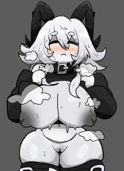 1girls big_areola big_breasts big_nipples blush chubby_female clitoris closed_eyes collar edit grey_background horns notnoe_(dxcl) nude_filter roblox roblox_avatar robloxian shaved_pussy silver_hair sleeves solo steam stockings sweat sweaty thick_thighs third-party_edit thong visible_pussy white_body white_hair white_skin