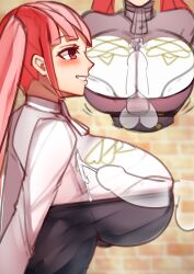 1girls breasts cum cum_between_breasts female female_only fire_emblem fire_emblem:_three_houses fully_clothed_female garreg_mach_monastery_uniform hilda_valentine_goneril huge_breasts nintendo paizuri pink_eyes pink_hair skindentation solo tea_texiamato