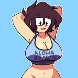 1girls boobs breasts brown_hair brunette cleavage clothed female glasses hands_behind_head lueduartv lulú_(lueduar) partially_clothed short_hair solo sports_bra tits