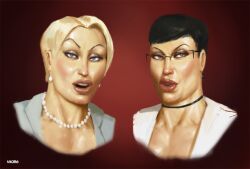 2girls accessory big_cheekbones black_hair blonde_hair chocker earrings glasses mascara mature_female mature_woman milf muscular older_female red_lips short_hair smiling_at_viewer strict tall_female tall_woman vkorg wide_jaw