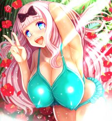 1girls armpit big_breasts big_thighs bikini blue_eyes breasts busty cleavage curvy female female_only fujiwara_chika hand_behind_head huge_breasts huge_thighs kaguya-sama_wa_kokurasetai_~tensai-tachi_no_renai_zunousen~ large_breasts large_thighs long_hair looking_at_viewer nipples_visible_through_bikini pink_hair solo solo_female swimsuit teruru thick_thighs thighs v_sign voluptuous