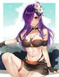 1girls alternate_costume armband bare_shoulders bikini black_bikini black_choker breasts choker female female_only fire_emblem fire_emblem:_three_houses fire_emblem_heroes fire_emblem_warriors:_three_hopes flower hair_flower hair_ornament hair_over_one_eye haru_(nakajou-28) highres long_hair medium_breasts navel nintendo official_alternate_costume purple_eyes purple_hair shez_(female)_(fire_emblem) shez_(fire_emblem) sitting solo stomach swimsuit thigh_strap thighs white_flower