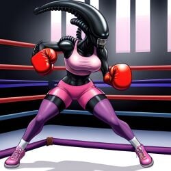 1girls 2020s 2023 ai_generated alien alien_(franchise) alien_girl boxing boxing_gloves boxing_ring female female_only female_xenomorph frosting.ai monster_girl scalieton self_upload tight_clothing xenomorph