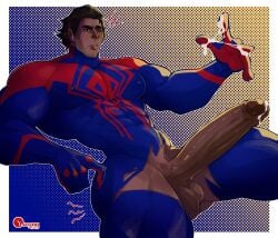 1boy abs big_pecs big_penis boner brown_hair cum cumming dark-skinned_male erection huge_cock leaking_cum male male_only marvel miguel_o'hara muscular muscular_male pecs solo solo_male spider-man_(series) spidersuit uncensored yaoi yozorac1