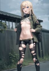 ai_generated black_legwear blonde_hair blue_eyes breasts cum_on_body cumdrip expressionless female legwear military military_uniform time_stop torn_clothes torn_legwear