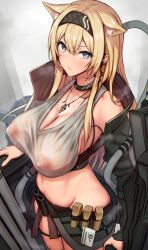 1girls akehi_yuki animal_ear_fluff arknights big_breasts big_thighs blonde_hair blue_eyes blush breasts breasts_visible_through_clothing busty cannon cleavage collarbone curvaceous curvy earpiece ears_down embarrassed enormous_breasts erect_nipples exposed_breasts extra_ears female female_only giant_breasts grey_background headband heavy_breathing highres hips holding_object holding_weapon horn_(arknights) huge_breasts huge_thighs id_card jacket large_breasts large_thighs light-skinned_female light_skin looking_at_viewer massive_breasts massive_thighs military military_uniform necklace neckwear nipples nipples_visible_through_clothing shield shy simple_background small_waist solo solo_female sports_bra steam steaming_body sweat sweatdrop sweaty thick_thighs thighs voluptuous waist wasp_waist wet_clothes wide_hips wide_thighs wolf_ears wolf_girl