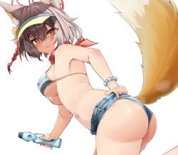 1girls allied_hyakkiyako_academy_student angel ass belly bikini_top blue_archive blush booty_shorts bra bracelet brown_hair denim_shorts female fox_ears fox_girl fox_tail hat izuna_(blue_archive) izuna_(swimsuit)_(blue_archive) jean_shorts large_ass medium_breasts ninjutsu_research_club_(blue_archive) reineko6 short_hair short_shorts shorts teasing water_bottle white_background yellow_eyes