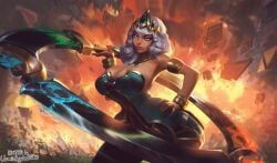 1girls big_breasts bimbo edit edited_official_artwork large_breasts league_of_legends lipstick qiyana_yunalai usuarioregular2600 white_hair