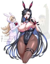 1boy 2023 2girls alternate_version_available black_hair blonde_hair blue_eyes breasts bunny_ears bunny_girl bunnysuit cleavage commander_(nikke) curvaceous curvy eyepatch female_focus fingerless_gloves goddess_of_victory:_nikke guillotine_(nikke) hi_res high_resolution highres hips hourglass_figure huge_breasts larger_female long_hair maiden_(nikke) malachite_27346 mask mask_pull red_eyes seductive seductive_look seductive_mouth size_difference smaller_female thick_thighs thighs tongue tongue_out voluptuous watermark wide_hips