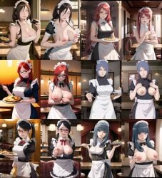 6girls ada_(boruto) adapted_costume adult age_difference ai_generated alternate_hairstyle apron black_eyes black_hair blue_and_pink_hair blue_eyes blue_hair boruto:_naruto_next_generations breasts breasts_out brown_hair dress food glasses hime_cut holding_object hyuuga_hanabi konan lavender_eyes looking_at_viewer maid maid_apron maid_headdress maid_uniform mature mature_female milf multicolored_hair multiple_girls multiple_images nai_diffusion naruto naruto_(series) naruto_shippuden no_bra older_female open_clothes orange_eyes presenting presenting_breasts red_eyes red_hair sarada_uchiha smile stable_diffusion teenager tray twintails two_tone_hair uchiha_sarada upper_body uzumaki_karin uzumaki_kushina voluptuous yaouchiha younger_female