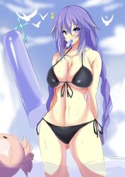 arms_behind_back big_breasts bikini blush front_view goddess light-skinned_female looking_at_viewer neptune_(neptunia) neptunia_(series) popsicle power_symbol-shaped_pupils purple_eyes purple_hair purple_heart_(neptunia) solo twin_braids water wet