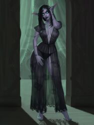 1girls blizzard_entertainment dark_hair lingerie night_elf opalescent original_character purple_skin rogue_(warcraft) see-through see-through_clothing shaurin_truestrike solo warcraft world_of_warcraft