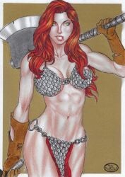 1girls 2023 chainmail_bikini dynamite_comics ed_benes_studio female_focus female_only highres huge_breasts long_hair red_hair red_sonja rudimar_patrocinio seductive_look strong_woman voluptuous voluptuous_female