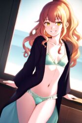 1girls ai_generated anime_style beach breasts clothed female ginger_hair happy_female looking_to_the_side navel onlyfakes.ai pooplool sea small_breasts solo thin thin_female window yellow_eyes