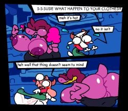 anthro anus balls big_balls big_breasts big_butt big_penis breasts cotton_candy deltarune dialogue embarrassed english_text erection female imminent_sex larger_female male penis pink_skin puffy_pussy pussy ralsei ralsei_(deltarune) ralsei_with_white_fur size_difference small_but_hung smaller_male superiorfox susie_(deltarune) text text_bubble topless topless_female undertale_(series) white_body