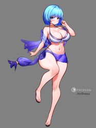 1girls bare_legs bare_shoulders bikini blue_eyes blue_hair breasts cleavage collar collarbone female female_only fire_emblem fire_emblem_echoes:_shadows_of_valentia grey_background grey_bikini grey_swimsuit jaxartdump large_breasts leg_up legs looking_at_viewer medium_hair nintendo redraw sarong see-through shoulders silque_(fire_emblem) smile solo swimsuit white_bikini white_swimsuit