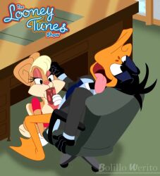 accurate_art_style big_penis bolillo_werito boss cartoony daffy_duck desk fellatio lola_bunny looney_tunes secretary the_looney_tunes_show tongue_out