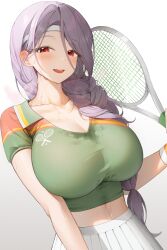 cute gray_hair green_shirt headband jeon_e0 large_breasts milf original pale_skin purple_hair red_eyes smile sportswear sweat sweat_stain sweatband sweating sweaty_body sweaty_chest sweaty_clothes tennis_racket tennis_uniform white_skirt