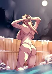 1girls adjusting_hair alternate_hairstyle armpits ass backboob barely_clothed big_breasts blonde_hair breasts_bigger_than_head brown_hair completely_nude female female_only from_behind full_moon hadiruto hanging_breasts hot_spring huge_breasts mature mature_female mature_woman moon naruto naruto_(series) naruto_shippuden night nipples nude onsen outdoors ponytail rear_view round_ass snow solo solo_focus standing steam tied_hair tsunade tying_hair voluptuous water wooden_wall