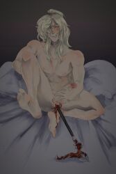 anal_bleeding blonde_hair blood cane feet hairy_legs jing_yuan male male_only nude object_in_ass object_insertion stick white_hair