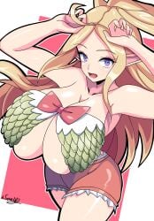 1girls armpits bare_shoulders bare_thighs blonde_hair breasts cleavage collarbone female female_only fire_emblem fire_emblem_awakening from_above hourglass_figure huge_breasts long_hair looking_at_viewer looking_up nintendo nowi_(fire_emblem) open_mouth pointy_ears ponytail purple_eyes revealing_clothes senak012 shorts shoulders sideboob solo thighs very_long_hair wide_hips