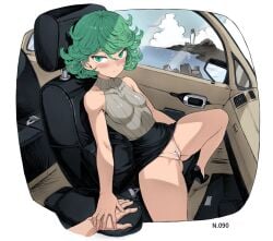 1girls blush blushing car color female female_only gonzalo_costa green_eyes green_hair high_heels light-skinned_female light_skin looking_at_viewer mogudan one-punch_man panties pussy skirt solo solo_female solo_focus sweater sweater_vest tatsumaki thick_thighs thighs white_panties