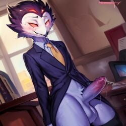 ai_generated anthro balls ballsack big_balls clothes clothing detailed_background erection femboy femboy_focus femboy_only femboysub feminine feminine_body feminine_male feminine_pose furry girly helluva_boss male male_focus male_only notagaylizard office office_attire owl owl_demon penis precum precum_drip presenting_penis solo stolas_(helluva_boss) tagme tie