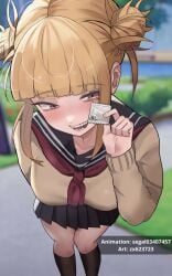 1girls animated blonde_hair breasts condom double_bun eye_contact fully_clothed himiko_toga holding_condom light_skin looking_at_viewer my_hero_academia pussy_juice school_uniform segal03 skirt solo standing tagme toga_himiko video yellow_eyes zd_(pixiv6210083) zx623723