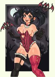 1girls 2022 arm_gloves bat black_hair blush breast_press breasts fangs female female_only halloween legwear leotard light-skinned_female light_skin long_hair looking_at_viewer lucia_(scott_malin) red_eyes smiling smiling_at_viewer solo thirstformilk twintails very_high_resolution