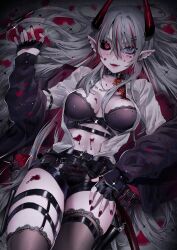 1girls belly_button big_breasts black_bra blood blood_flasks blood_stain blush bra breasts cleavage clothed clothing female female_only flasks grey_eye grey_hair gun gun_holster hair_ornament hairclips heterochromia hncrn_01 holster horns indie_virtual_youtuber light-skinned_female light_skin lipstick looking_at_viewer necklace red_eye red_hair red_nails red_tail revolver shirt shirt_open shorts solo succubus succubus_horns succubus_tail tail two_tone_hair unbuttoned unbuttoned_shirt virtual_youtuber yanderae