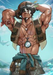 abs armpits arms_behind_head biceps big_chest big_pecs bulging_biceps dark-skinned_male dark_skin huge_chest huge_pecs looking_at_viewer male male_only melanin muscles muscular muscular_male nintendo open_shirt pecs smooth_chest smooth_skin suyohara tauro_(the_legend_of_zelda) tears_of_the_kingdom the_legend_of_zelda thick_thighs