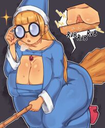 1girls adjusting_glasses bangs big_breasts blonde_hair blunt_bangs blush bowser_logo breasts broom broom_riding cleavage cleavage_cutout clitoris clothing female female_only genderswap_(mtf) glasses hat humanized kamek long_hair mario_(series) nintendo opaque_glasses pussy pussy_juice round_glasses rubbing_pussy rule_63 solo sound_effects steamy_breath text thirstformilk very_high_resolution