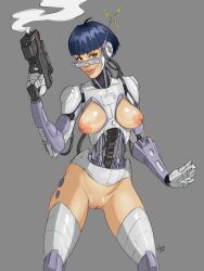 cyborg gun gynoid mechanical medium_breasts pistol pose pussy shaved_pussy short_hair standing woodspiritart