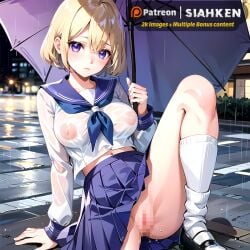 ai_generated blonde_hair censored holding_umbrella kakkou_no_iinazuke medium_breasts nipples one_leg_up purple_eyes sailor_uniform school_uniform see-through short_hair siahken umbrella umino_sachi wet wet_body wet_clothes