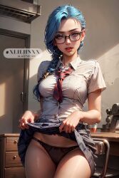 ai_generated arcane arcane_jinx blue_eyes blue_hair glasses jinx_(league_of_legends) league_of_legends league_of_legends:_wild_rift looking_at_viewer nerd skirt skirt_lift small_breasts student xliljinxx