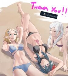 3girls :d alternate_costume arm_behind_head arm_up armpits bare_arms bare_legs barefoot bikini black_bikini black_swimsuit blonde_hair blue_bikini blue_eyes blue_hair blue_swimsuit breasts byleth_(female)_(summer)_(fire_emblem) byleth_(fire_emblem) byleth_(fire_emblem)_(female) commentary cowboy_shot english_commentary feet feet_out_of_frame female female_only fire_emblem fire_emblem:_three_houses fire_emblem_awakening fire_emblem_heroes flower green_eyes hair_flower hair_ornament highres knee_up large_breasts legs long_hair looking_at_viewer lying medium_breasts medium_hair milestone_celebration multiple_girls navel nintendo official_alternate_costume on_back open_mouth pointy_ears pomelomelon princess_zelda purple_bikini purple_swimsuit red_flower robin_(fire_emblem) robin_(fire_emblem)_(female) smile stomach strapless strapless_bikini swimsuit tears_of_the_kingdom thank_you the_legend_of_zelda the_legend_of_zelda:_tears_of_the_kingdom thighs toenails toes upside-down white_hair zelda_(tears_of_the_kingdom)