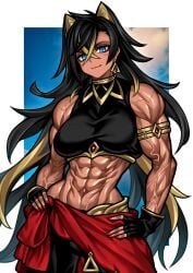 abs amazonian animal_ears armlet biceps big_breasts blue_eyes curvy dark-skinned_female dark_hair dark_skin dehya_(genshin_impact) earrings genshin_impact hands_on_hips long_hair looking_at_viewer mature_female midriff multicolored_hair muscular muscular_female wide_hips yuto_noirm08