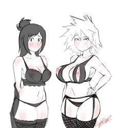 2girls 2milfs adult_female adults areolae artist_name artist_signature big_breasts black_and_white black_bra black_lingerie black_panties black_underwear bra breast_size_difference breasts different_breast_sizes eyebrow_raise female_only fishywishy hand_on_hip hands_behind_back human human_female human_only inko_midoriya lingerie long_hair looking_at_viewer medium_hair milf mitsuki_bakugou my_hero_academia nervous nipples no_sex panties pink_nipples pre-timeskip realistic_breast_size realistic_proportions sassy shiny_skin short_hair shy simple_background slender_body smile smirk smooth_skin spiky_hair standing straight_hair thick_thighs thigh_highs thighs tied_hair visible_nipples white_background wide_hips yuri